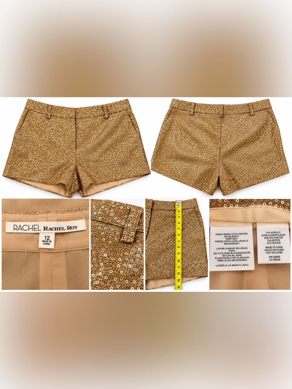 Rachel Rachel Roy Size 12 Gold Sequin Dress Shorts Sparkle Party Holiday